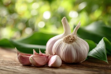 Vibrant Fresh Garlic Bulbs and Cloves on Rustic Wood with Soft Green Bokeh Background.