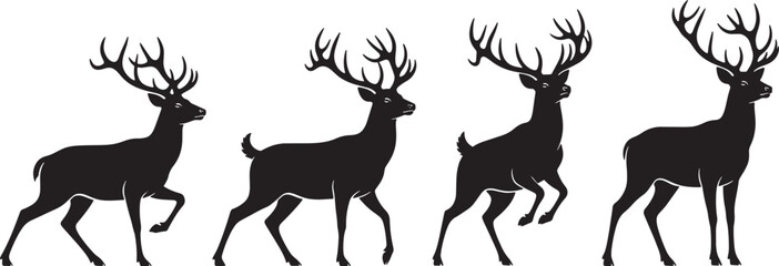 Obraz premium Running Deer Silhouette Set with Antlers in Different Poses Isolated on White Background
