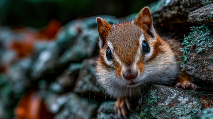 Close up wildlife portrait of chipmunk peeking from rocky forest environment