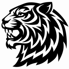 Sleek and Fierce Black and White Vector Illustration of a Roaring Tiger Head Profile