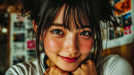 Close up portrait of young woman with natural freckles and warm smile indoors