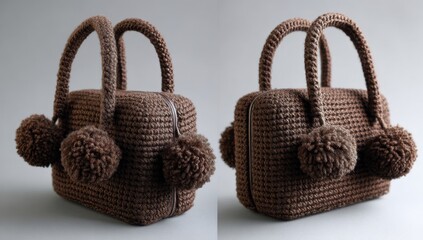 Charming Brown Woven Handbag with Fluffy Pom-Poms, Dual View Product Shot.