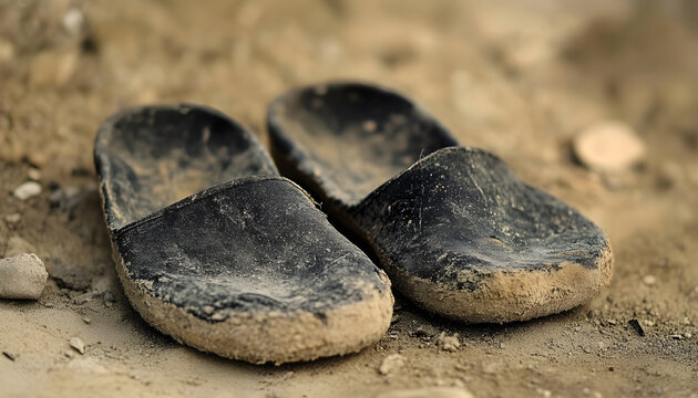 Close-up of two worn black slippers resting on a surface, showing dirt and dust indicating they have been used outdoors.