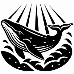 Stylized Whale Illustration with Sun Rays and Waves