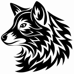 Black and white illustration of a stylized wolf's head