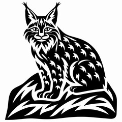 Artistic Black and White Illustration of a Lynx on a Rocky Outcrop