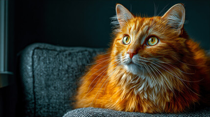 Chubby orange cat resting calmly on a gray sofa with soft light and expressive green eyes