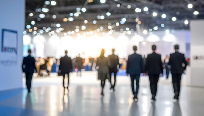 Group business people walking exhibition hall bright ceiling lights blurred background watermark conference trade show networking event generative AI