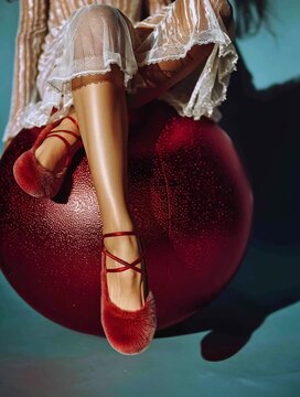 Female legs wearing red velvet shoes sitting on glossy sphere. Fashion editorial close up with elegant studio styling.