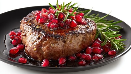 Exquisite Glazed Steak with Ruby Pomegranate Seeds and Fresh Rosemary Sprigs.