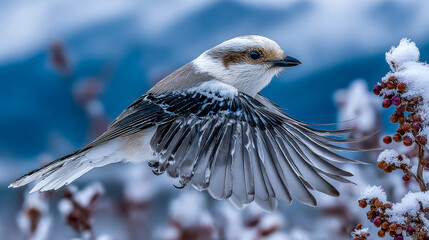 Fluffy white bird flying gracefully above snowy branches in a cold winter landscape