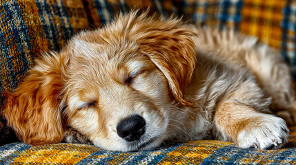 Sleeping golden retriever puppy resting peacefully on a cozy sofa indoors