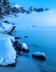 smartphone wallpaper &ndash; winter scenery, fog, mountains, lake