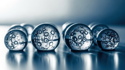Clear orbs show molecular structure, on a glossy flat surface, with soft light