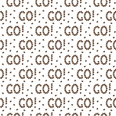 Letters Go with exclamation mark made of Coffee Grains Seamless Pattern Minimal flat Design Backdrop. Coffee Day Greeting Themed Cards Background Social media post or promo banner, leaflet, label, tag