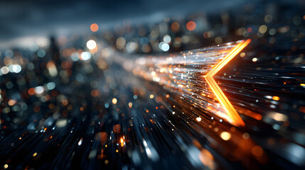 Abstract arrow of light over blurred cityscape representing business transformation and decision intelligence, speed, data-driven direction and strategic change.