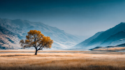 Lone tree standing in a vast open valley with soft atmospheric light