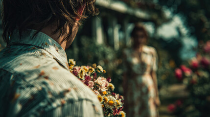Man holding a bouquet of flowers facing a woman in a garden setting