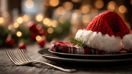 Cutlery fork wearing a red festive father christmas santa hat, wallpaper Christmas dinner Background, copy space