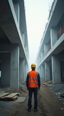 Construction worker standing in front of a construction site