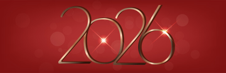 Happy new year 2026. Holiday greeting luxury card design. 3D Shiny gold realistic numbers isolated on red background. Merry Christmas