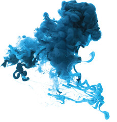 Abstract Blue Ink Splash in Water on transparent Background, Blue Smoke Isolated on White.