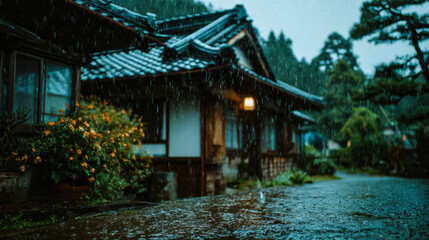 Rainy Day at a Traditional Asian Wooden House Surrounded by Nature