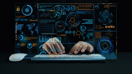A stunning representation of a futuristic workspace featuring hands actively typing on a keyboard, showcasing a digital interface filled with data visuals and graphs. Cipher