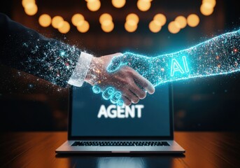 Businessman shaking hands with a futuristic AI digital agent over a laptop, symbolizing trust and strategic technology partnership for future growth.