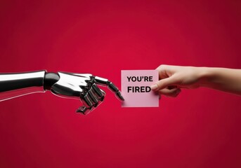 Human Hand Firing a Chrome Robot Arm with a "You're Fired" Note on Red, Visualizing Automation Oversight and Future of Work Decisions.