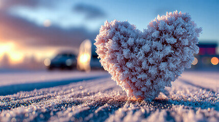 Heart shaped snow formation glowing softly on frozen ground at winter sunset
