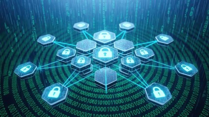Connected hexagons with lock icons over digital binary code background