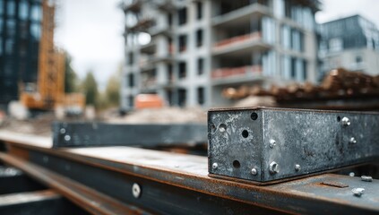 Close-up of Heavy Steel Beams on Urban Construction Site with Modern Building Background.