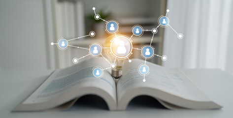 An open book symbolizes knowledge with a glowing light bulb above it, representing creativity and networking through digital icons, showcasing innovative learning ideas. Tessel