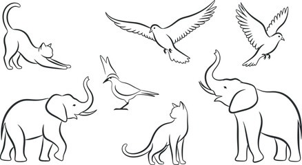 Collection of simple black outline drawings featuring various animals like elephants cats and doves in minimalist style