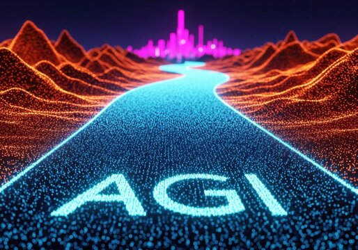 AGI Roadmap: Digital Highway Leading to a Futuristic Neon Cityscape, Symbolizing the Path to Artificial General Intelligence Breakthrough.