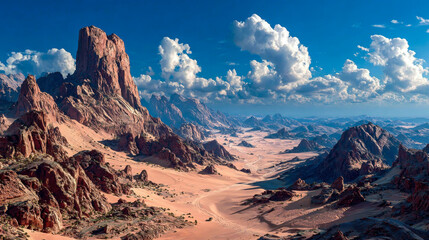 Epic desert canyon landscape with towering rock formations and vast sandy valley under dramatic clouds