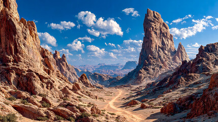Epic desert canyon landscape with towering rock formations and winding path under blue sky