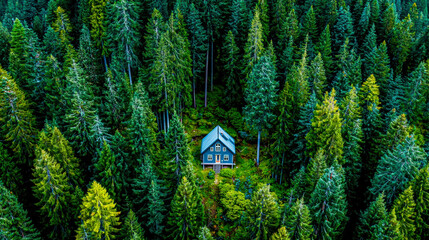 Aerial view of a small house hidden deep inside an endless evergreen forest