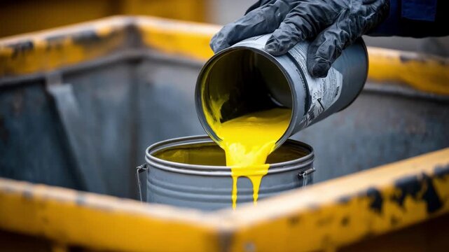 Medium shot capturing a metal pesticide container being placed into a designated hazardous waste bin emphasizing environmental safety.