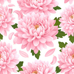 Fototapeta premium Elegant Chrysanthemums: A delightful seamless pattern of pink chrysanthemums and falling petals on a subtle, creating a sense of floral elegance and freshness.