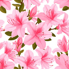 Fototapeta premium Blooming Azalea Pattern: A vibrant close-up showcasing a repeating pattern of delicate pink azalea blossoms in full bloom, accompanied by lush green leaves and budding flower buds.