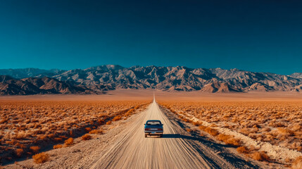 Endless straight desert road stretching toward distant mountains under a deep blue sky