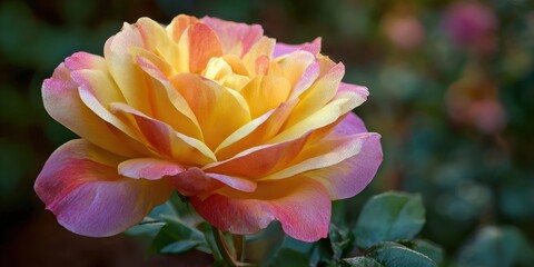 Vibrant Bicolor Rose Bloom - Yellow and Pink Petals in Soft Garden Light, Detailed Close-up.