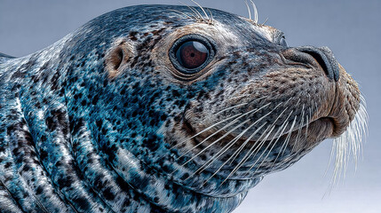 Detailed close up portrait of leopard seal with textured fur and intense gaze