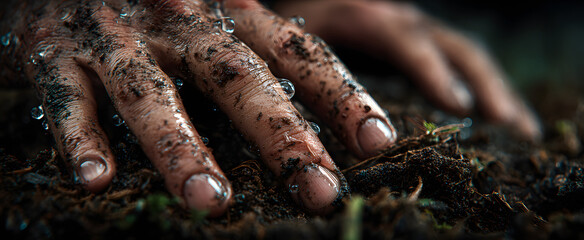Wet hands gently touch moist soil to experience its natural texture.