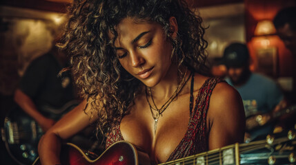 Beautiful woman playing guitar in warm ambient light with emotional mood