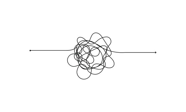 Vector psychotherapy complex chaos mess and order path. Messy drawn sketch purpose simple ball concept scribble. Chaos knot line psychotherapy continuous vector illustration art. EPS 10 .