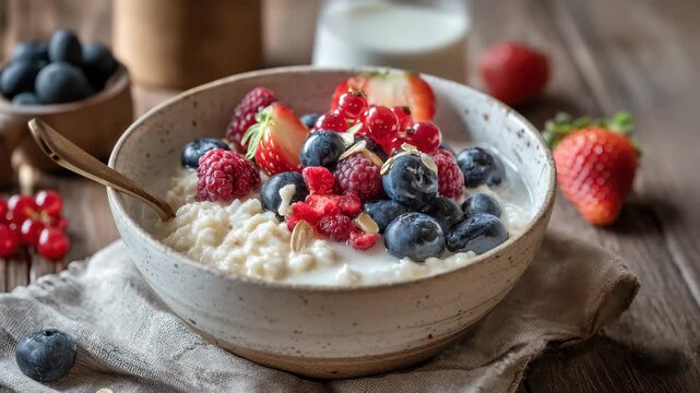 Bowl of yogurt topped with berries and oats placed on a wooden table with a glass of milk nearby