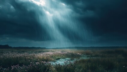 Majestic Sunbeams Through Dark Storm Clouds Over Expansive Wild Meadow, Illuminating Lush Greenery.
